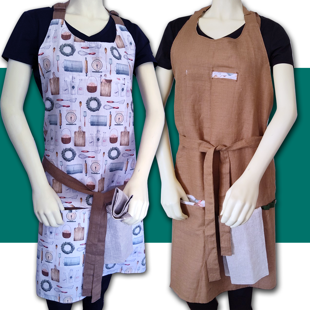 Two sides of a reversible apron cotton print and linen