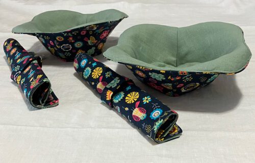 Set of two Bowl Cozies and Roll-up Napkins